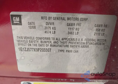 2009 Chevrolet Malibu Lt z USA, uszkodzony, nr VIN 1G1ZJ577X9F203307